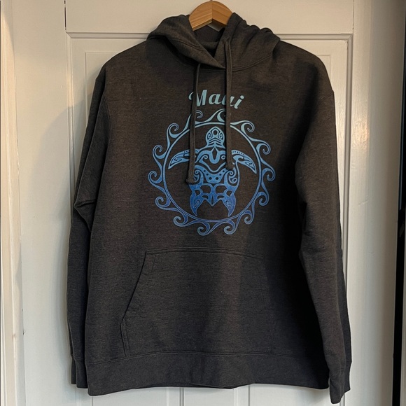 Port and Company Tops - Port and Company Charcoal Maui Hoodie with Blue Graphic Size Large